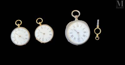 three different types of pocket watches on display against a black background