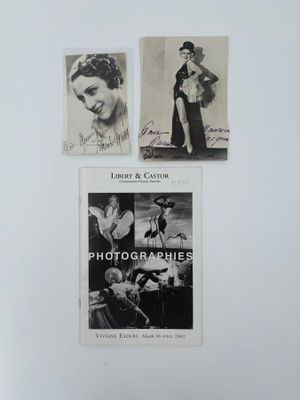 trois photographies en noir et blanc représentant une femme en robe et un homme coiffé d'un chapeau