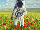 painting of an astronaut standing in a field of red poppies