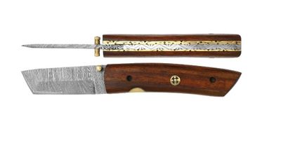 a close up of a knife with a wooden handle on a white background