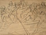 drawing of a group of people in a boat on a body of water