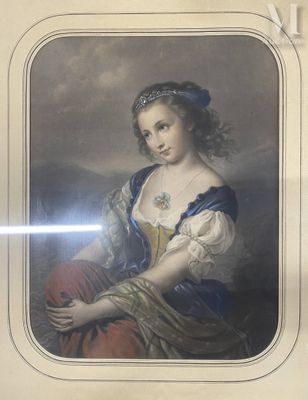 portrait of a woman in a blue and white dress holding a red ball