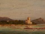 an image of a painting of a castle by the ocean