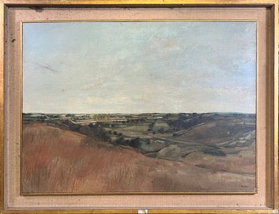 an image of a painting of a landscape with hills in the distance