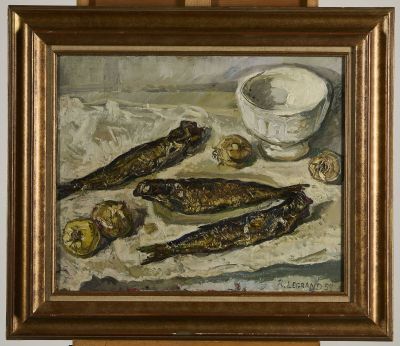 a painting of fish on a table next to a bowl