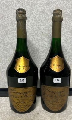 deux bouteilles de champagne posées l'une à côté de l'autre sur un comptoir