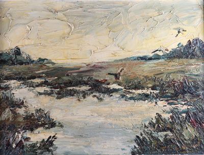 a painting of a painting of a landscape with a river