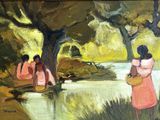 painting of three women in pink dresses standing by a river