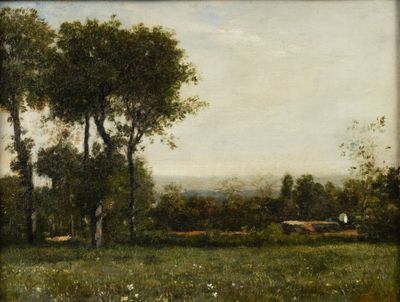 painting of a field with trees and a house in the distance