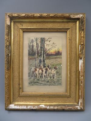 La Meute d'épagneuls bretons au lever du soleil. Aquarelle sur papier 