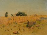 une peinture à l'huile représentant un champ avec des rochers et des arbres au loin