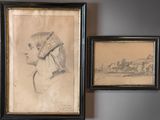 two framed drawings of a woman with a turban and a man with a turban