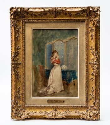 a painting of a woman in a white dress standing in front of a mirror