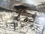 une peinture en noir et blanc représentant une ferme sous la neige