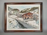 tableau représentant une maison sous la neige, avec une montagne en arrière-plan