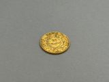 a close up of a gold coin on a gray surface