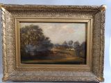 an oil painting of a landscape with a farm and trees in a gold frame