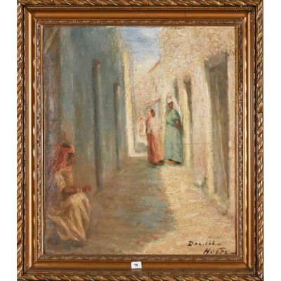 un tableau représentant une scène de rue avec une femme en robe verte et un homme en robe rouge