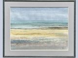 a painting of a beach scene with a blue sky and water