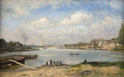 un tableau représentant une scène fluviale avec des bateaux sur l'eau
