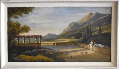 a painting of a woman walking down a path
