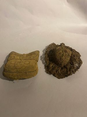 a piece of bread and a rock on a white surface
