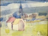 a watercolor painting of a village with a clock tower in the background