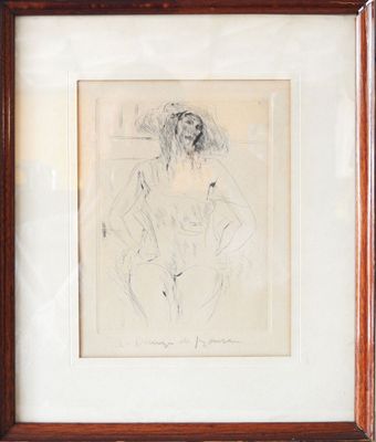 framed drawing of a woman sitting in a chair with her legs crossed
