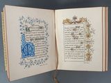 an open book with a picture of a blue bottle on it