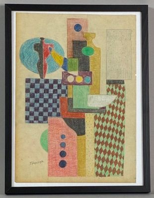 tableau représentant des formes et des couleurs abstraites, encadré de noir, accroché au mur