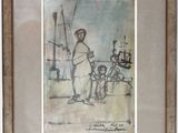 tableau représentant une femme et un enfant sur une plage, avec un bateau en arrière-plan