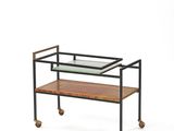 an image of a metal and wood serving cart with a glass top