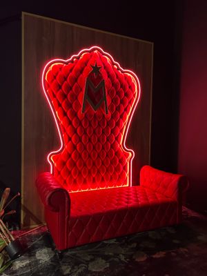 a red chair with a star trek sign on it