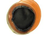 a top view of a brown leather hat with a black lining