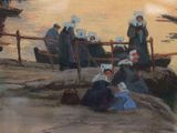 a painting of a group of people sitting on a rock