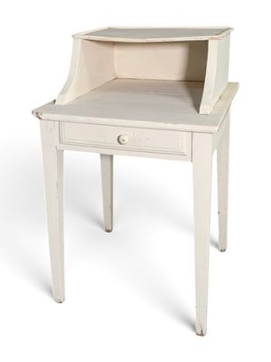 an image of a white desk with a drawer on it
