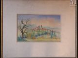an image of a painting of a landscape with a church in the distance