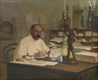 a painting of a man sitting at a desk writing