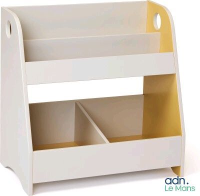 étagère à livres en bois blanc pour jouets, avec deux bacs sur le dessus