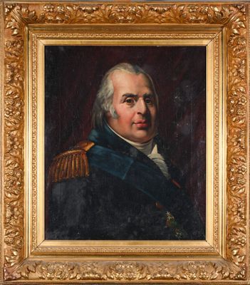 une peinture à l'huile représentant un homme en uniforme militaire, dans un cadre doré