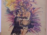 an old poster of a woman dancing with a man in a costume