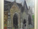 an oil painting of a church with a cemetery in the foreground