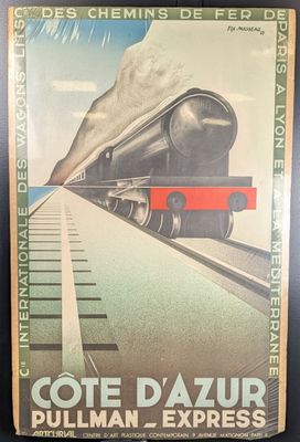 affiche de voyage vintage représentant un train sur les rails, d'où s'échappe de la fumée