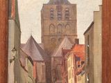 an oil painting of a street with a church in the background