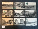 several old black and white photos of people and vehicles on a city street