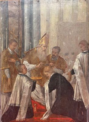 an image of a painting of a priest kneeling down to a man