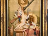painting of a dog with a hat and a gun on a table
