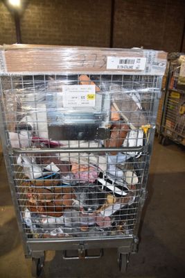 a metal cart with a lot of food inside of it