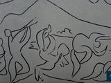 drawing of a group of people in a field with a mountain in the background