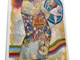 painting of a woman in a colorful dress holding a clock